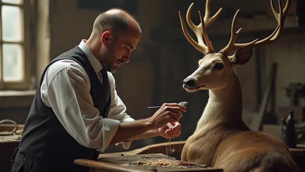 German taxidermist working on a stag mount