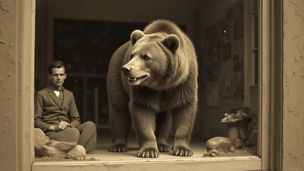Taxidermied grizzly bear in a vintage storefront