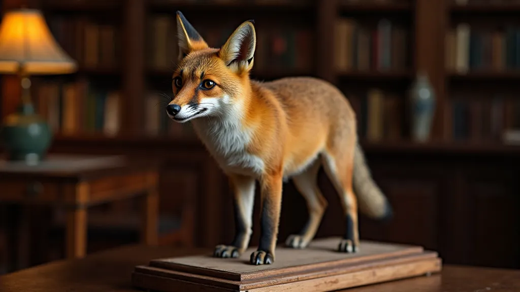 Restored fox taxidermy mount displayed in a study